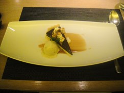 Chocolate Tart Pistachio caramel corn, caramel banana ice cream